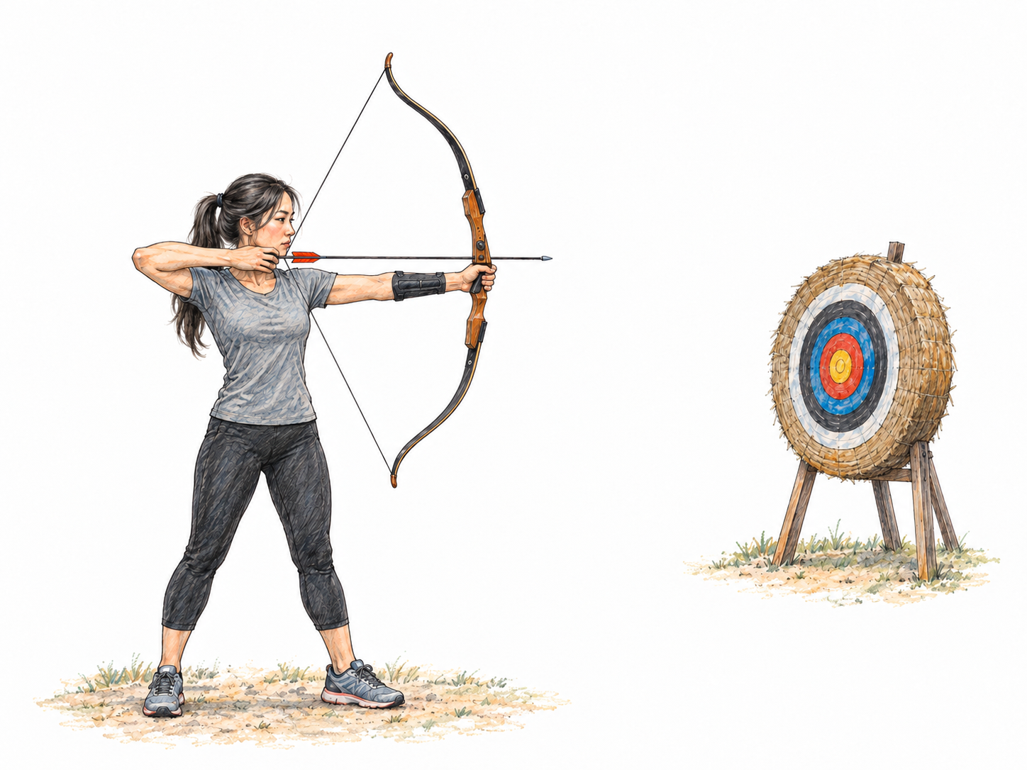 A young adult East Asian woman practices archery, holding a bow at full draw with a nocked arrow aimed toward a simple target downrange.