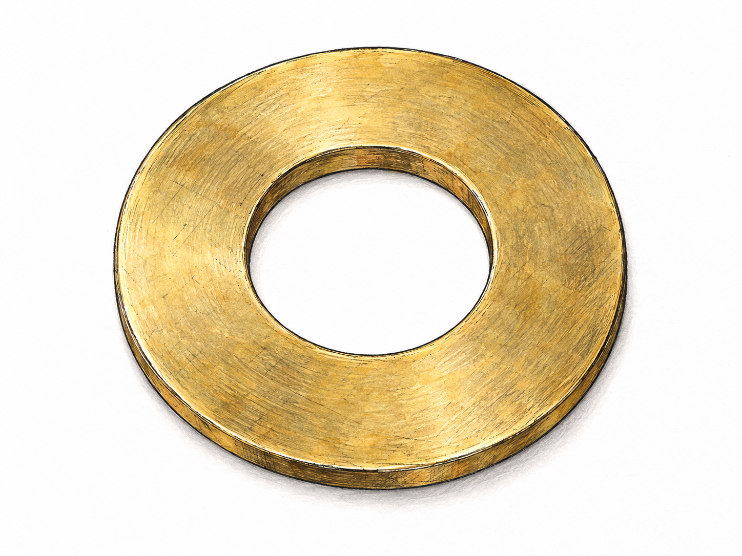 A single broad, flat brass washer viewed almost straight on, with a clearly open circular center and an even-width circular band, making its ring shape immediately visible.