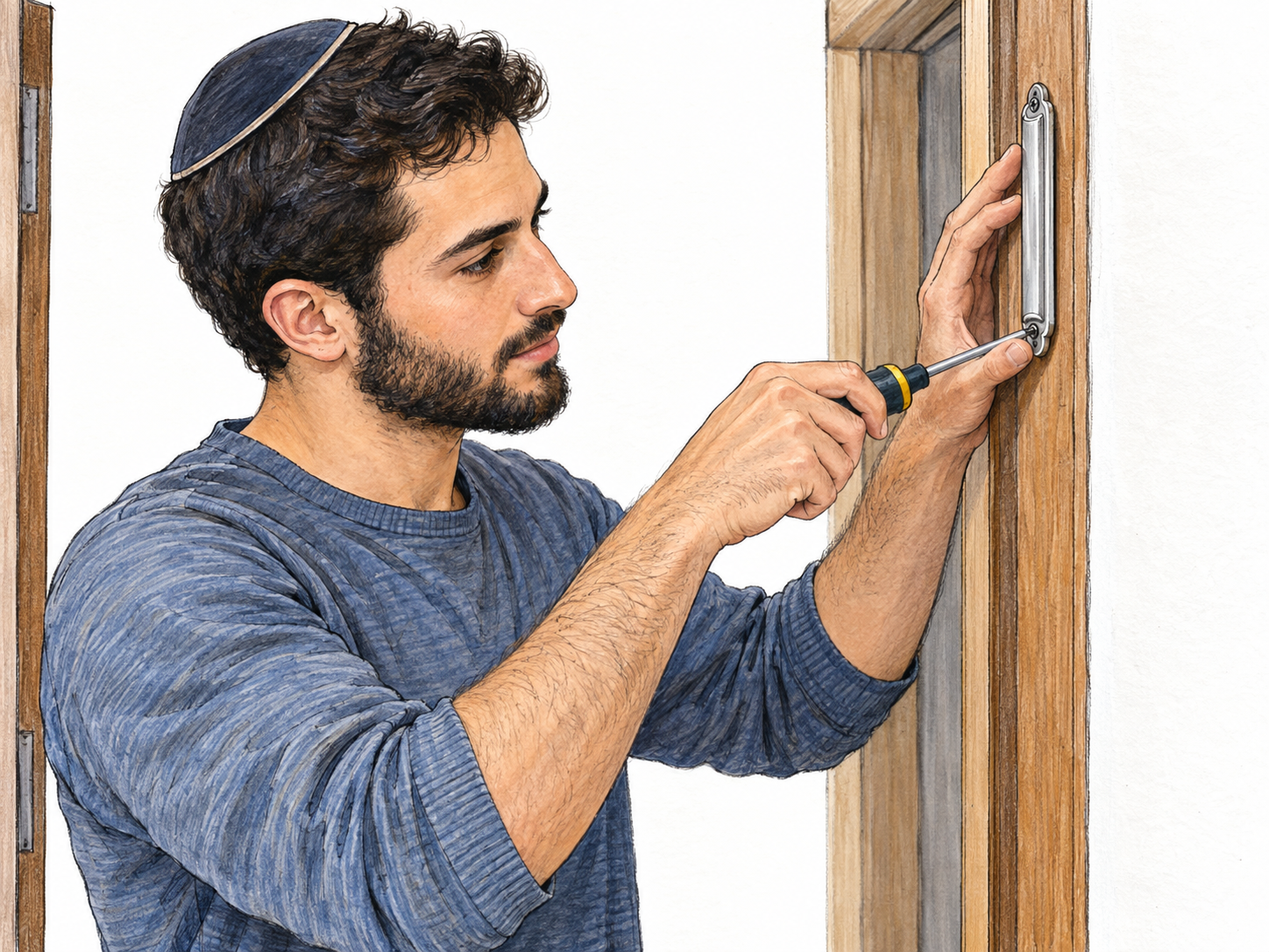 A Jewish man affixes a mezuzah to the upper third of the right-hand doorpost of his home, depicting the commandment sense through a concrete religious observance.