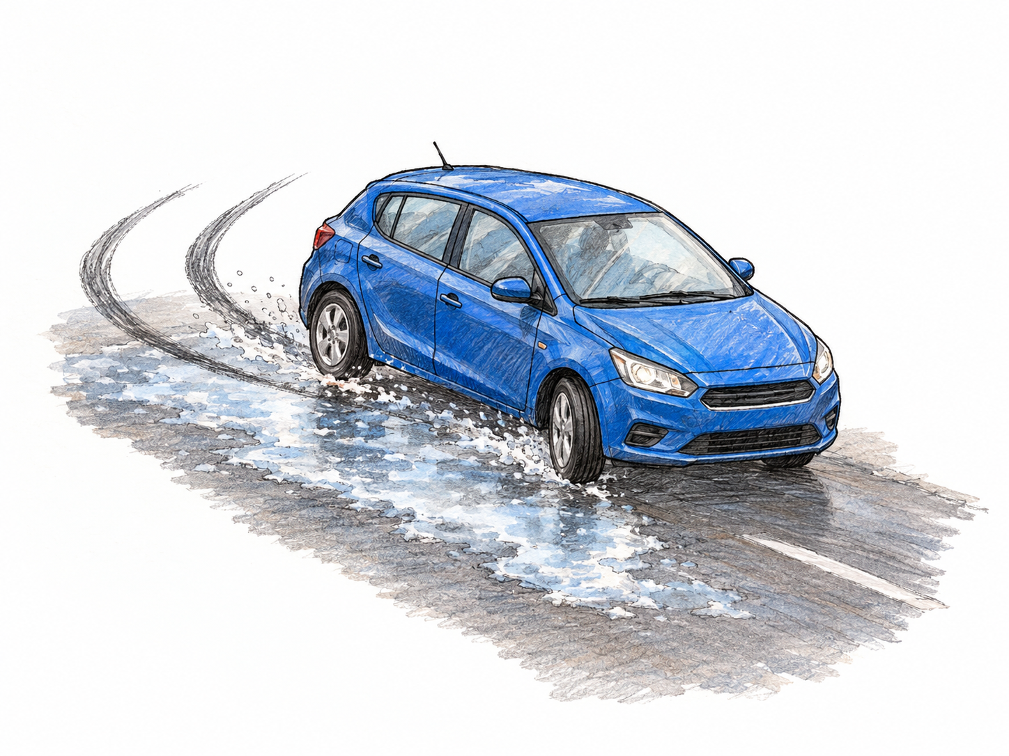 A compact car skids sideways on a small patch of icy road, its body angled across two curving tire tracks that clearly show its uncontrolled slide.