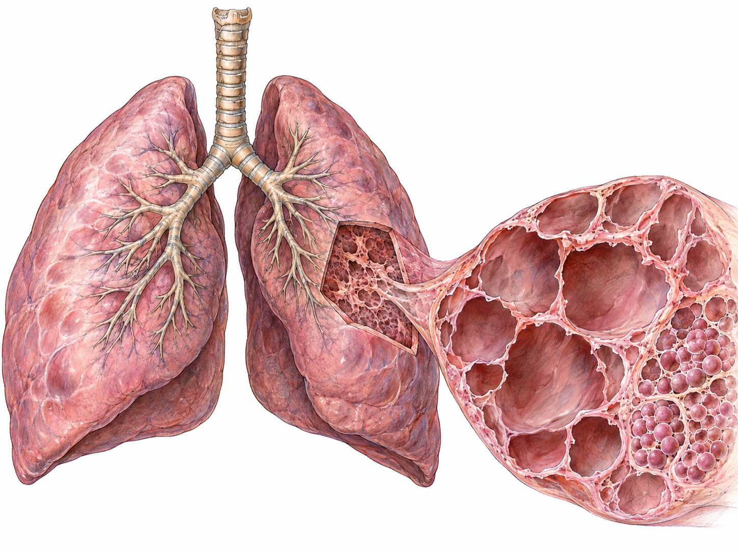 An anatomical cutaway of emphysematous lungs showing overinflation and enlarged air spaces caused by destruction of alveolar walls, with a small adjoining region of intact alveoli for comparison.