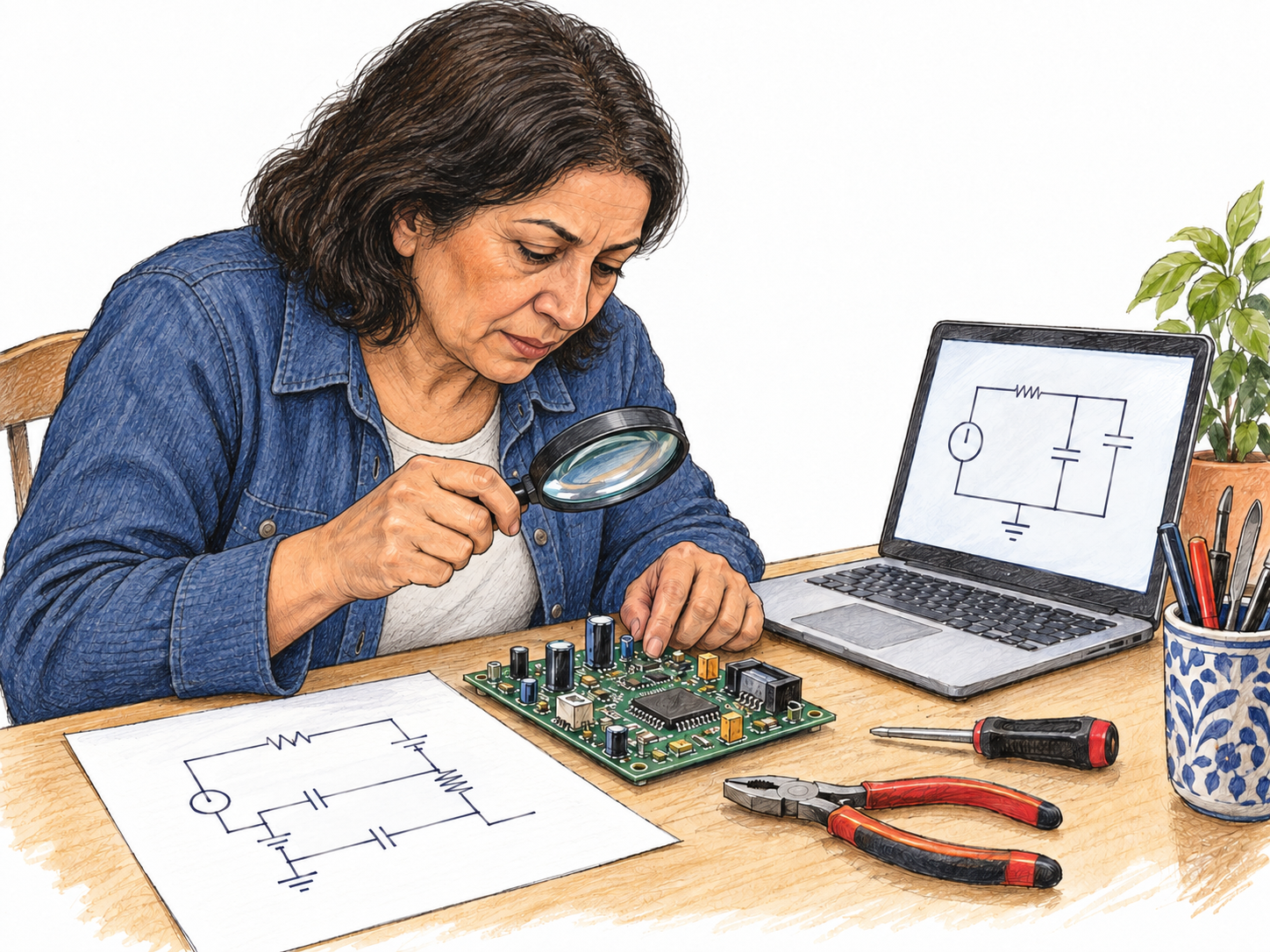 An older technology enthusiast studies an exposed circuit board with absorbed concentration, comparing its components with a simple unlettered circuit sketch beside an open laptop.