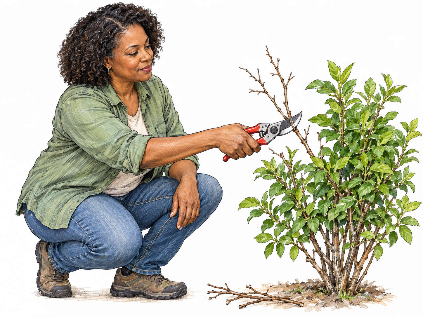 A gardener uses pruning shears to cut a dead side branch from a living shrub, with a few freshly removed twigs beneath it.