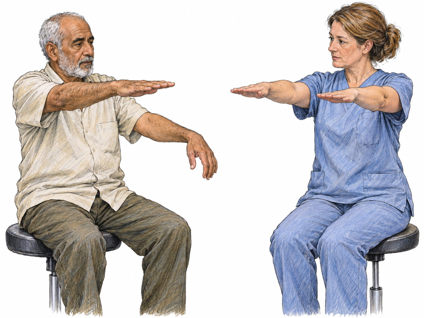 In a clinical motor examination, a clinician visibly demonstrates holding both arms straight forward.