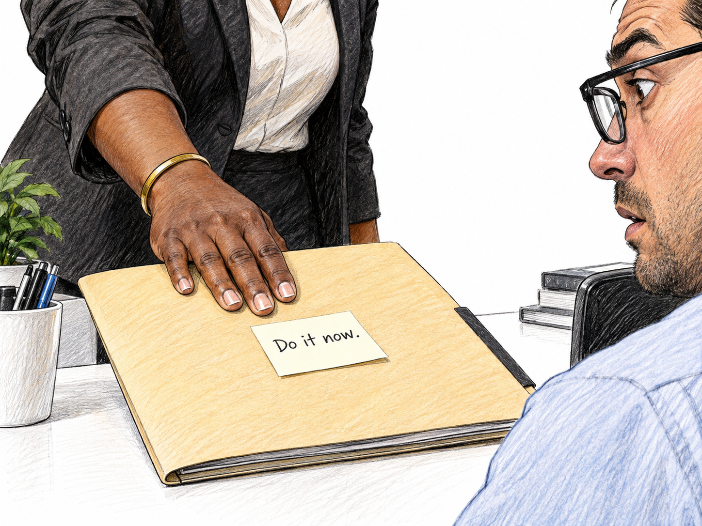 A blunt three-word instruction is pushed across a desk.