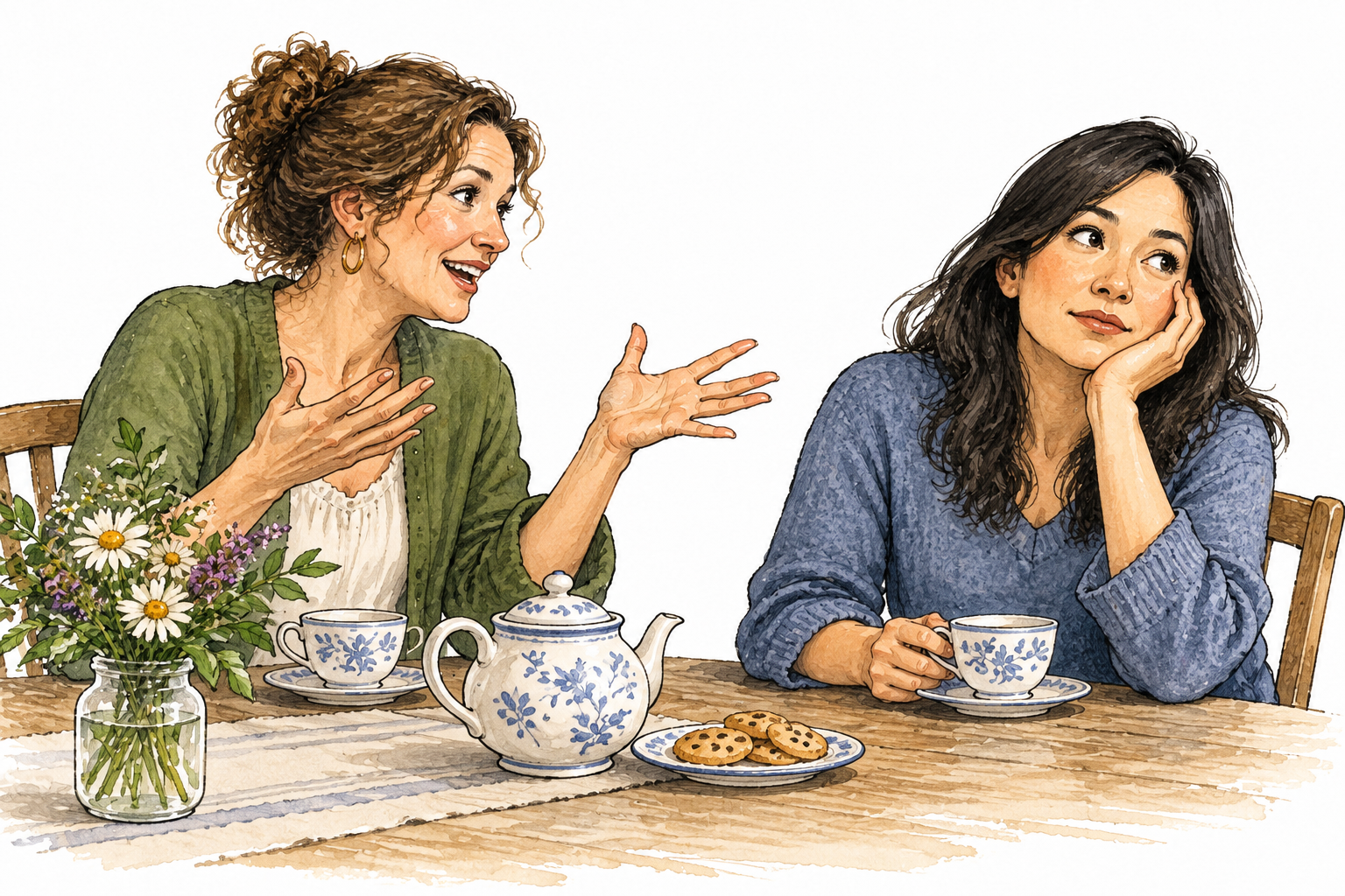 An adult continuing trivial chatter with lively gestures over tea while a companion grows distracted, no speech bubbles or words.