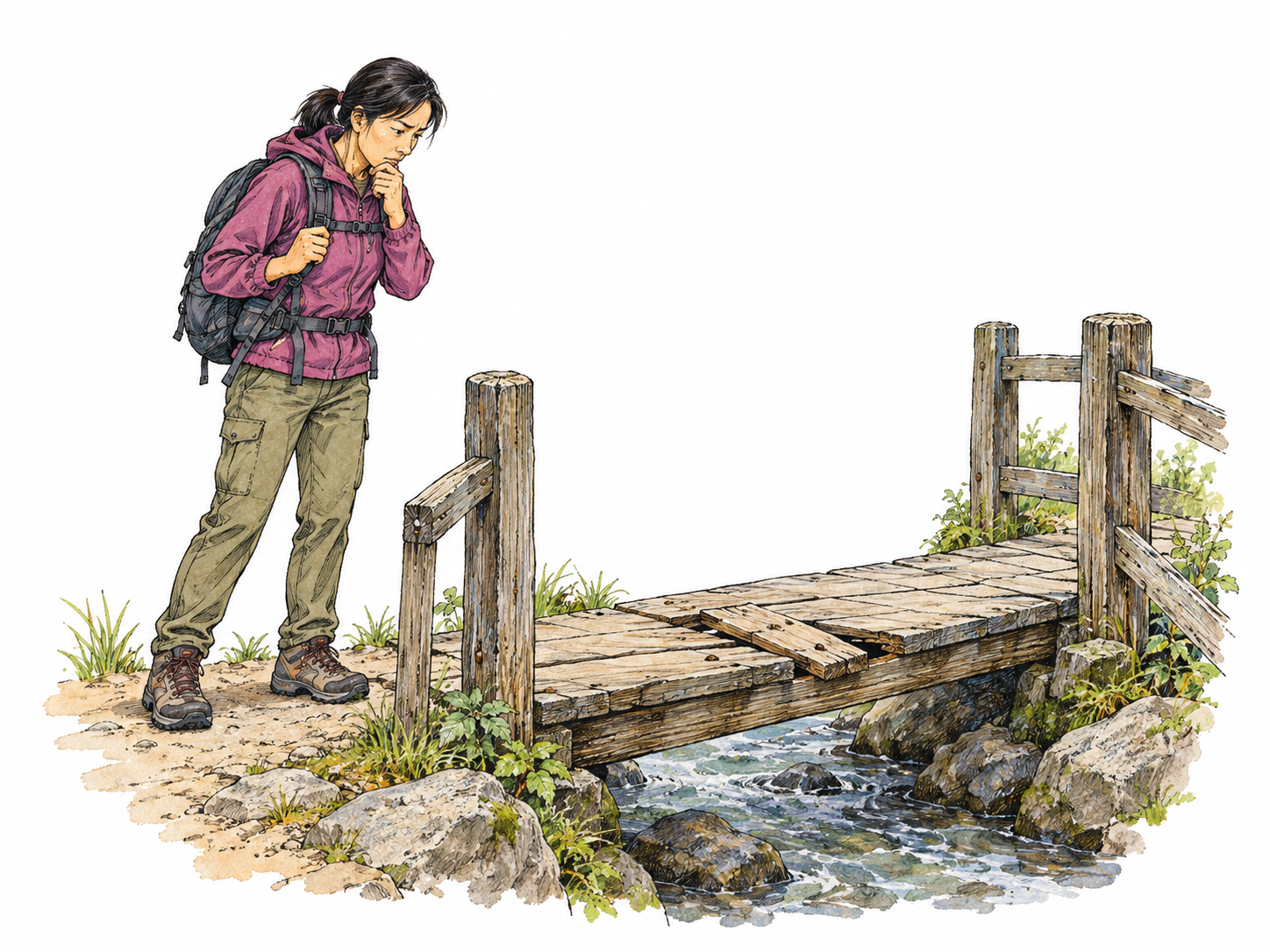Hiker hesitates before a small visibly weathered footbridge, studying its loose plank with doubtful expression while remaining safely on firm ground.