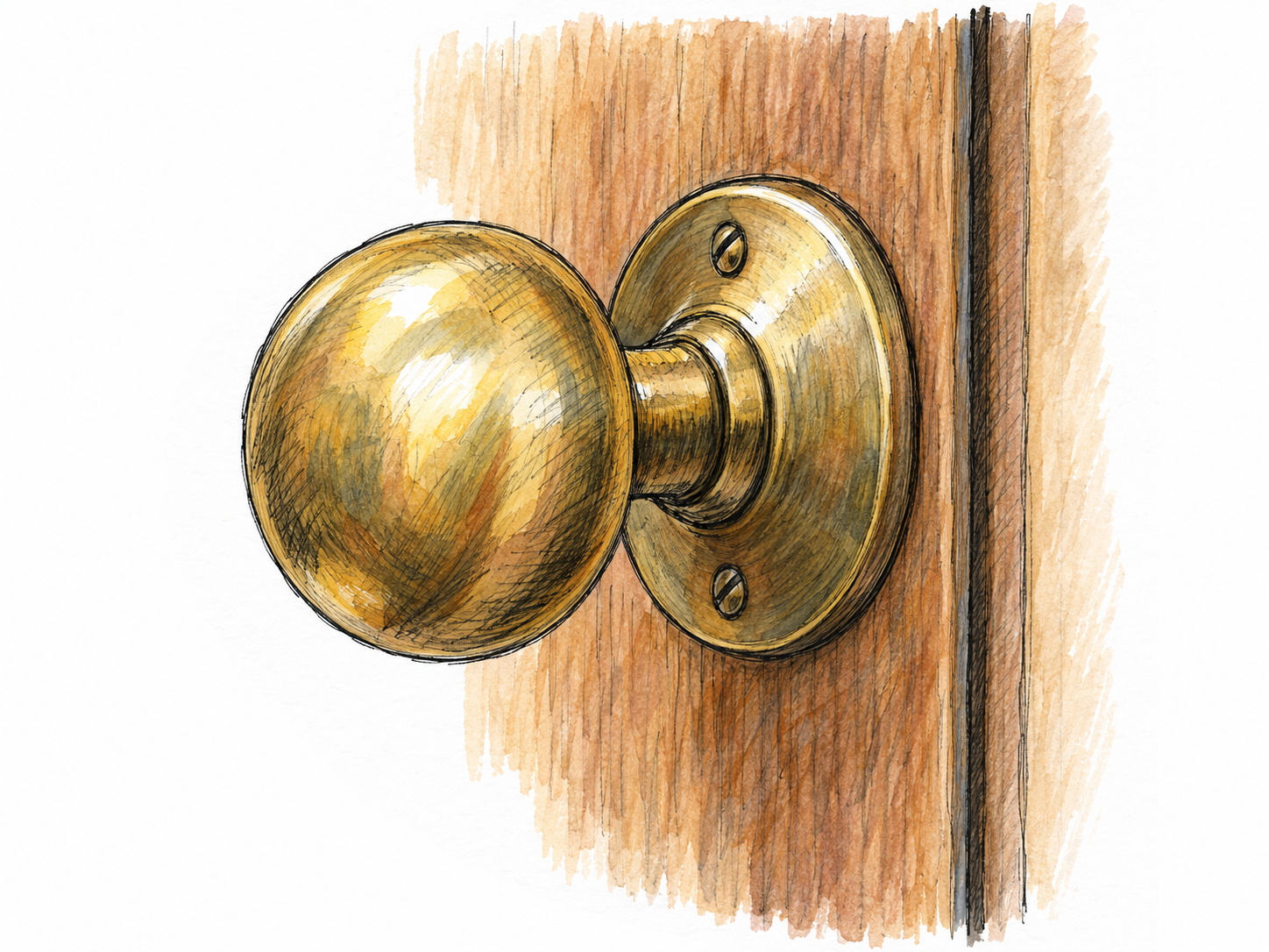 Close-up of a round brass doorknob attached to a small section of a plain wooden door, with its short stem and circular mounting plate clearly visible.
