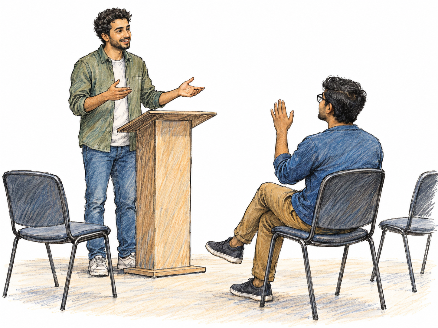 A small modern public-learning gathering: a speaker beside a simple lectern engages a seated attendee who raises a hand to join the discussion.