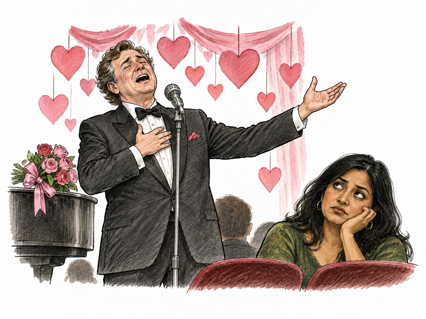 Overly sentimental stage performance: adult male singer clutches hand to heart beneath excessive pink paper hearts while audience member rolls eyes; exaggerated tearful emotional pose, no writing, unambiguous syrupy sentimentality.