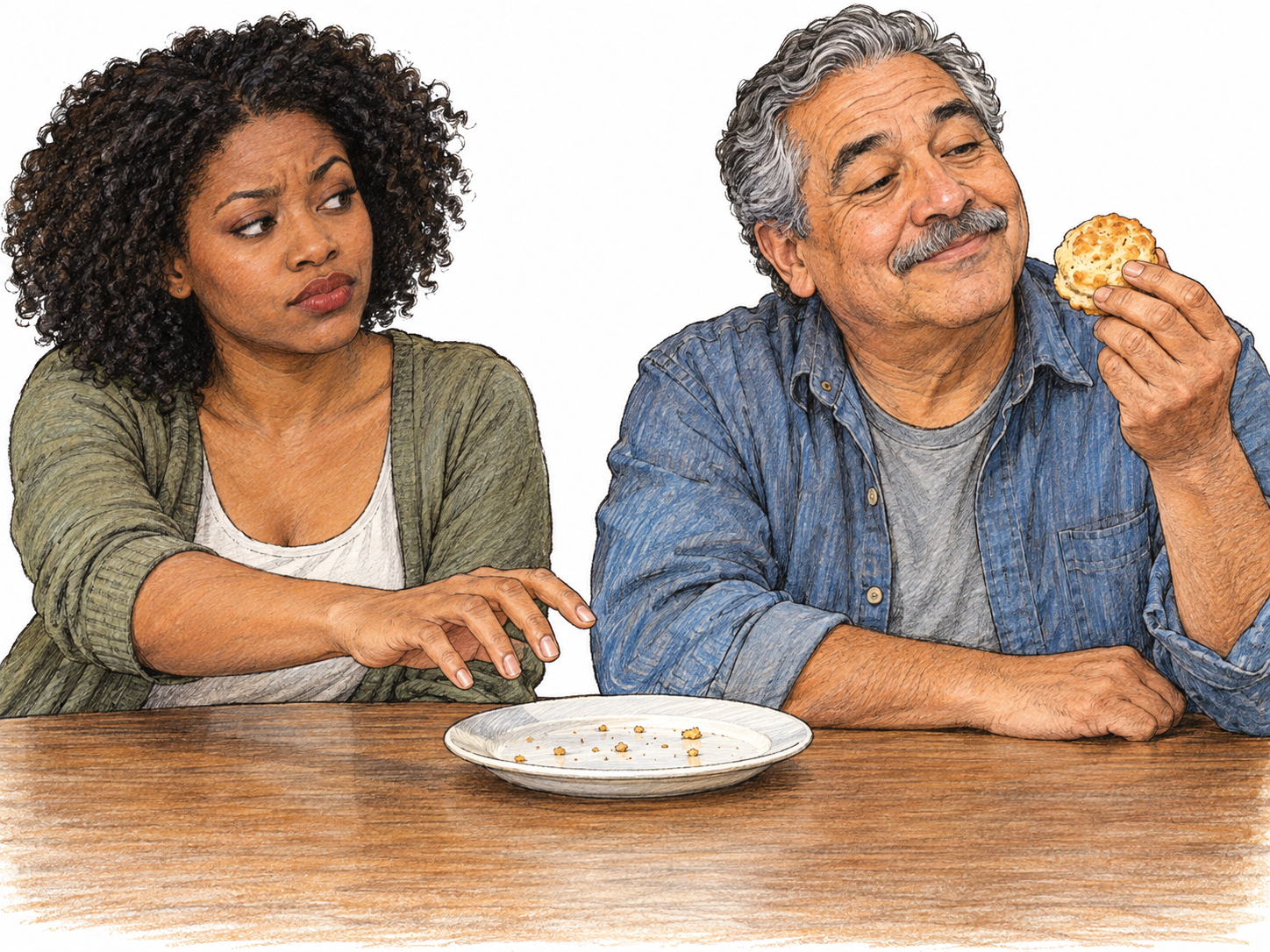 An older man takes the last biscuit from a shared plate just as a young woman reaches for it, prompting a mildly offended sideways look rather than anger.
