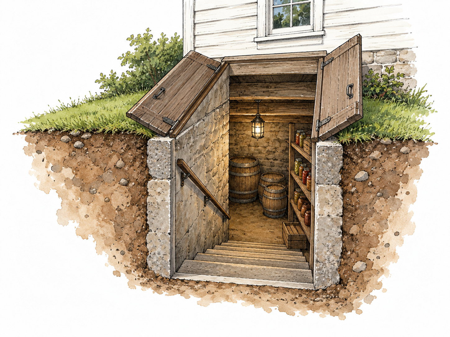 A stairway descends into a cool cellar with shelves and barrels below a house.