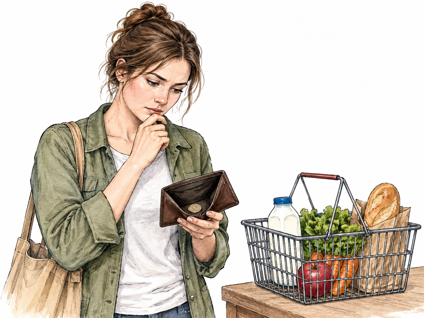 Person opens nearly empty wallet containing one small coin while considering a modest grocery basket; thoughtful practical expression without ragged stereotype or pity.
