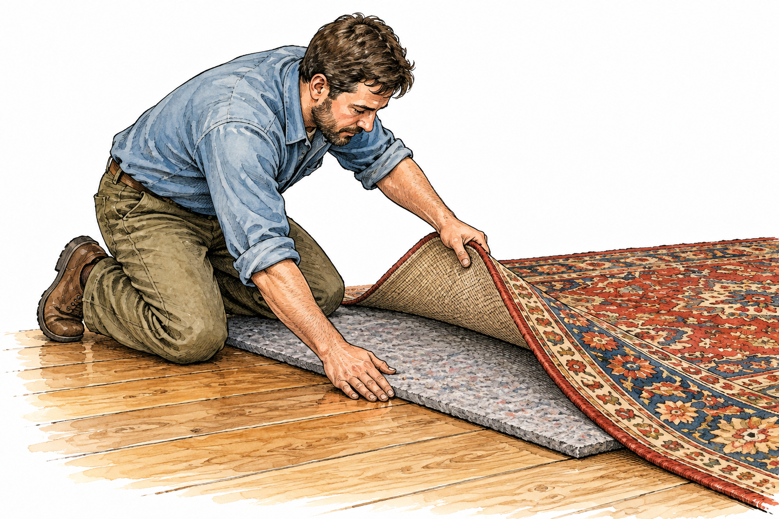A worker slides cushioning felt beneath a rug, clear under-layer providing support.