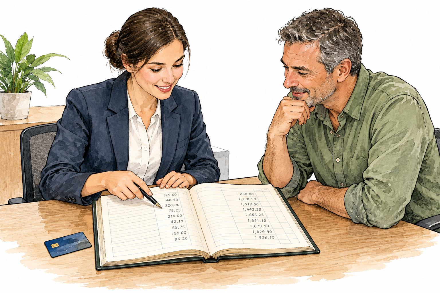 A bank customer and bank worker reviewing an unlettered ledger with neat numeric columns beside a small bank card, clear financial account arrangement, no headings or definitions; small numeric figures only.