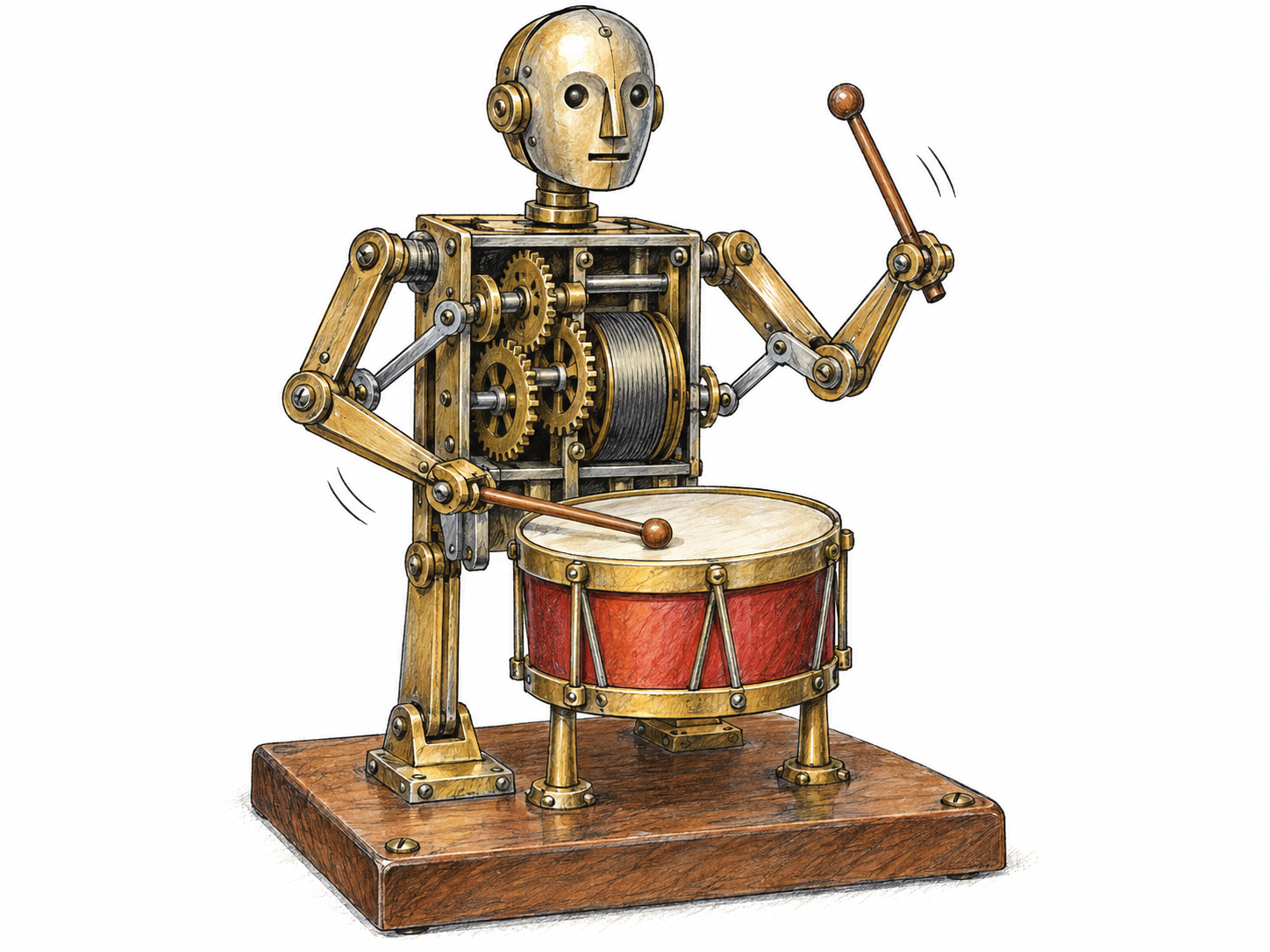 A small self-operating mechanical drummer: a human-shaped clockwork machine with exposed gears and linked arms striking a drum, making mechanical action visibly concrete.