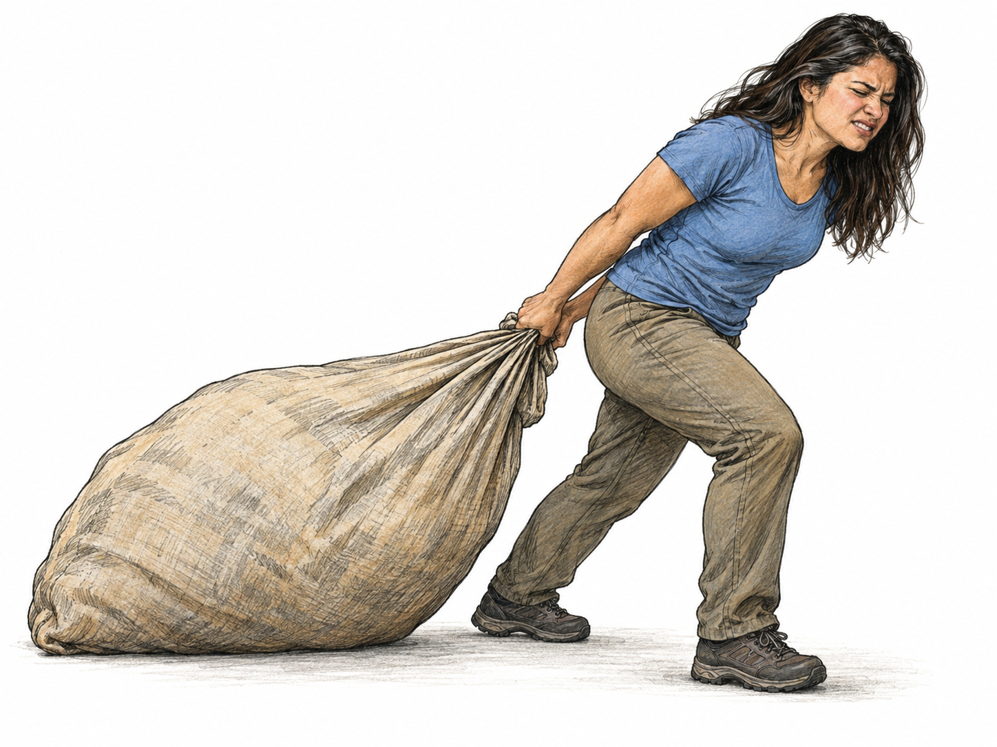 A woman laboriously drags a heavy, bulging canvas sack across the floor, gripping its gathered end with both hands while its broad base trails behind her.