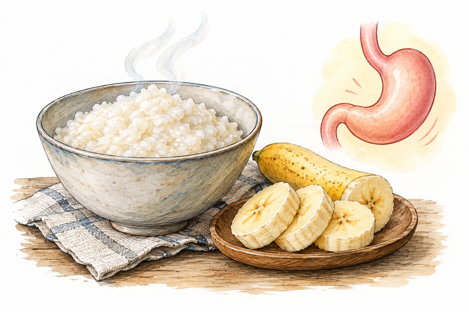 A simple bowl of soft cooked rice and banana slices beside a small gentle stomach-shaped visual motif, suggesting food readily broken down, no text.