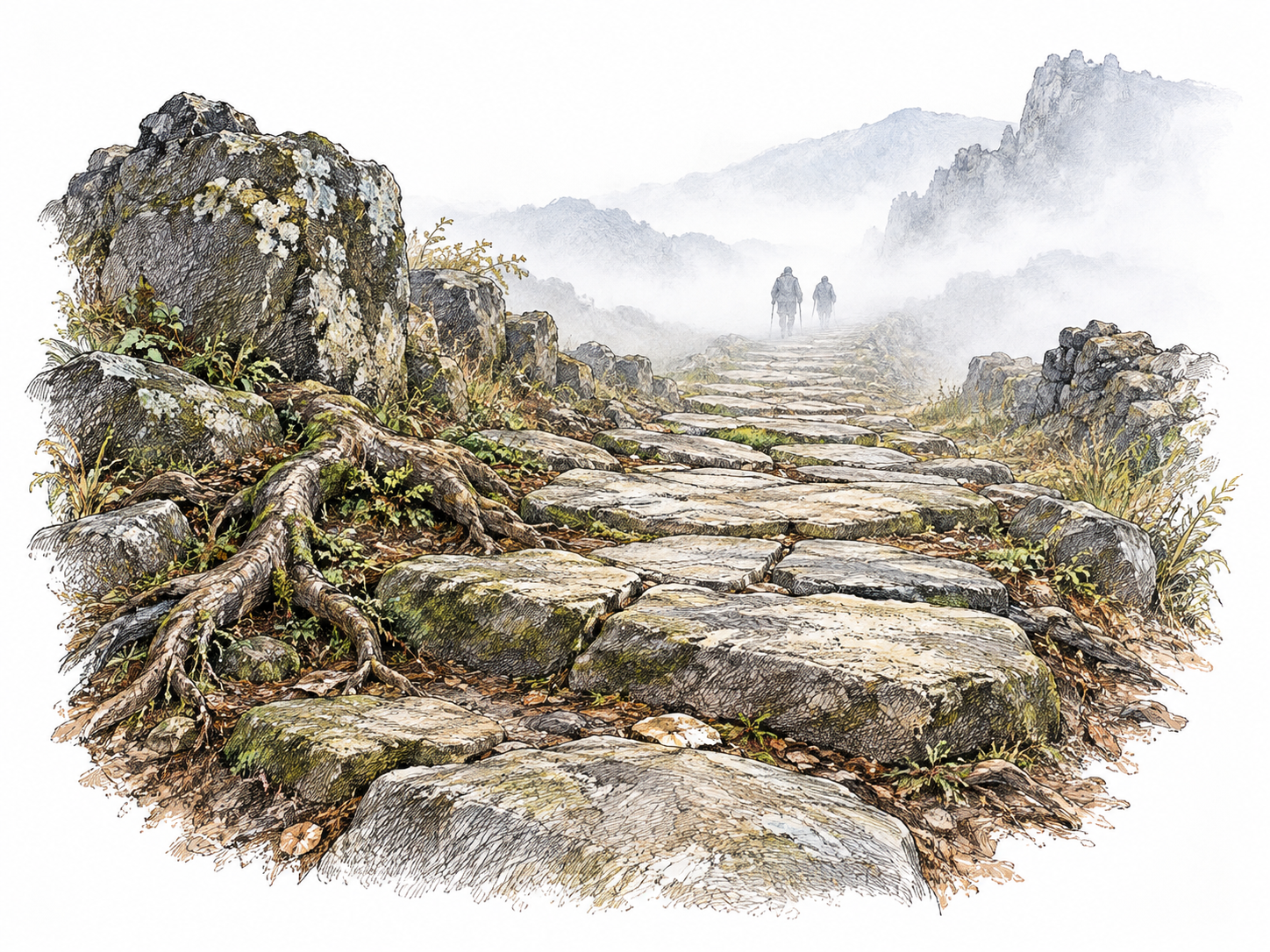 An extremely ancient weathered stone footpath disappears into a pale distant mist, its foreground slabs deeply worn and partly rooted into earth; two subtly suggested earlier generations following the same route fade into distance to evoke origins beyond remembered time.