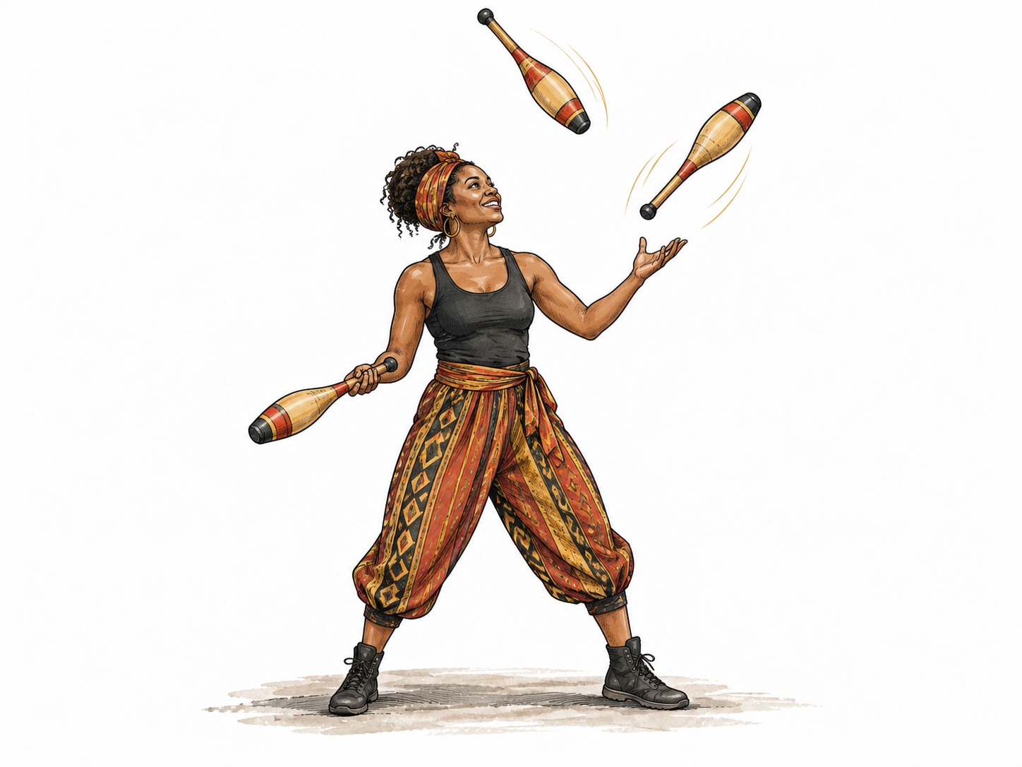 A woman street performer juggles three wooden clubs, two airborne and one held ready, confident balanced stance, minimal ground vignette.