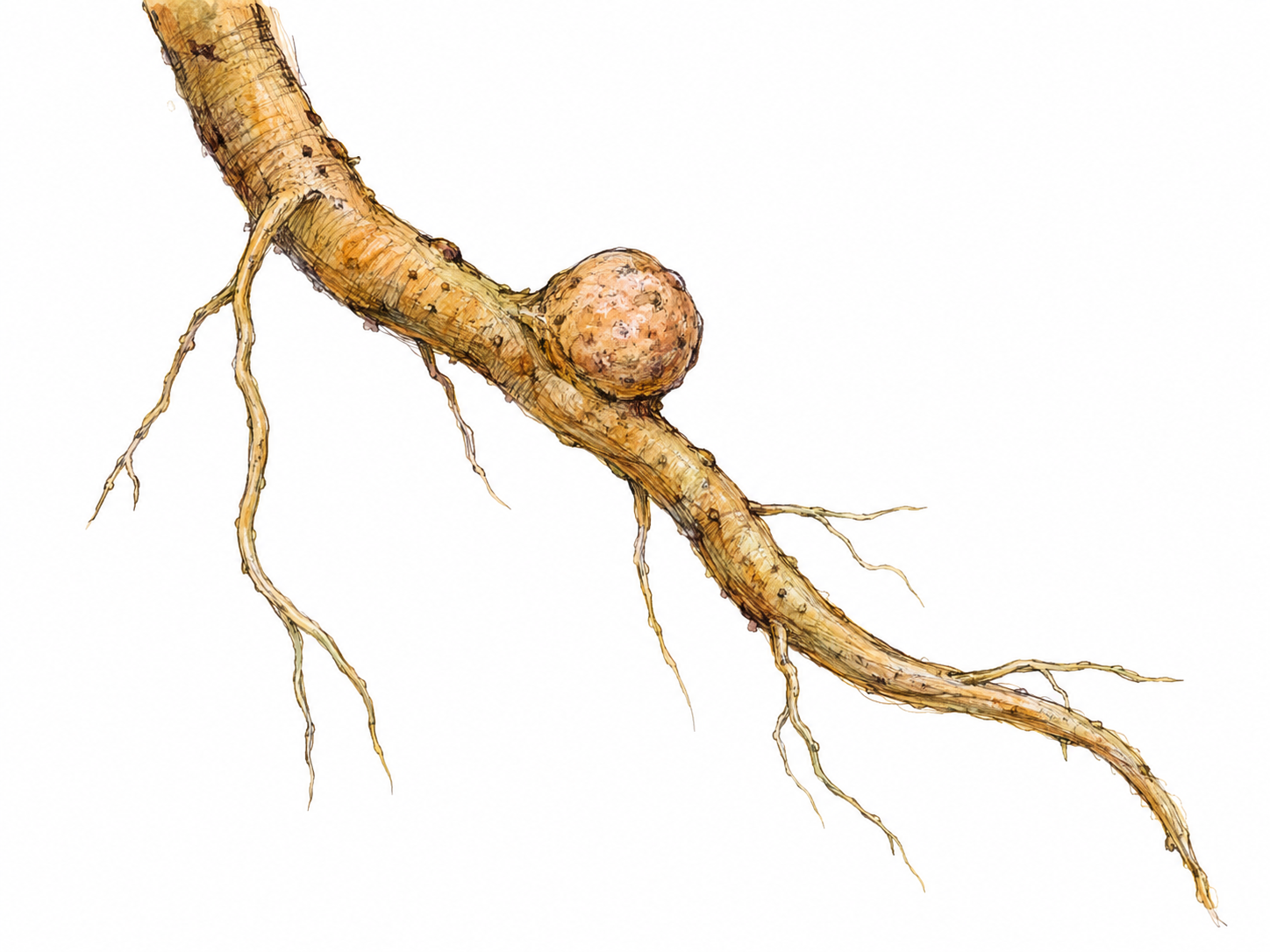 A close view of a short section of plant root with one small, rounded nodule visibly growing from its side.