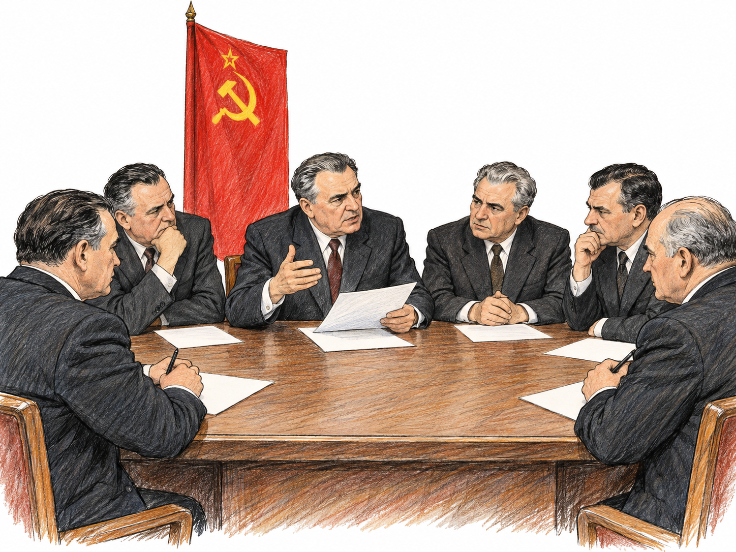Small chief communist-party policy committee seated around conference table, senior official proposes plan while others consider blank papers, small red banner with simple hammer-and-sickle emblem essential to communist context.