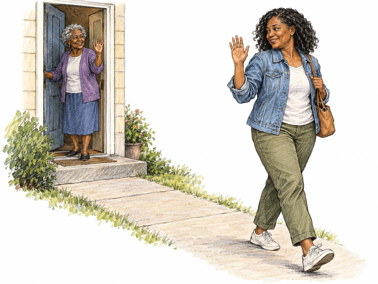 A woman walks away from an open front doorway along a short path, waving back to an older woman who remains at the threshold.