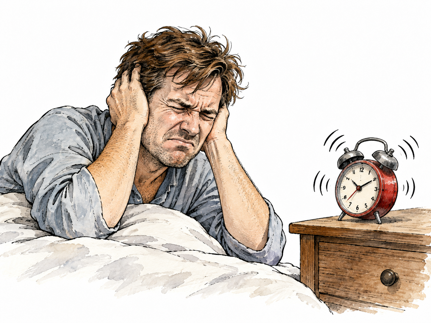 A tired white adult covers their ears while a small faulty alarm rings insistently, annoying disturbance.