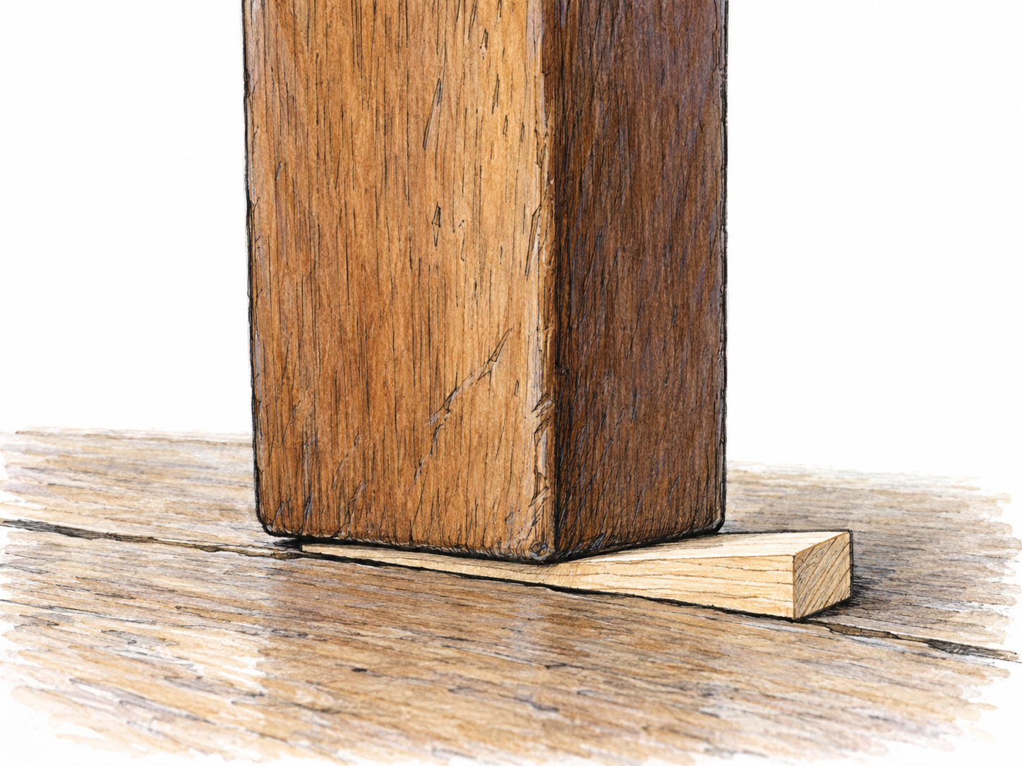 Close-up of a thin wooden shim filling the small gap beneath a table leg on a slightly uneven floor, with its tapered end visibly supporting the leg.