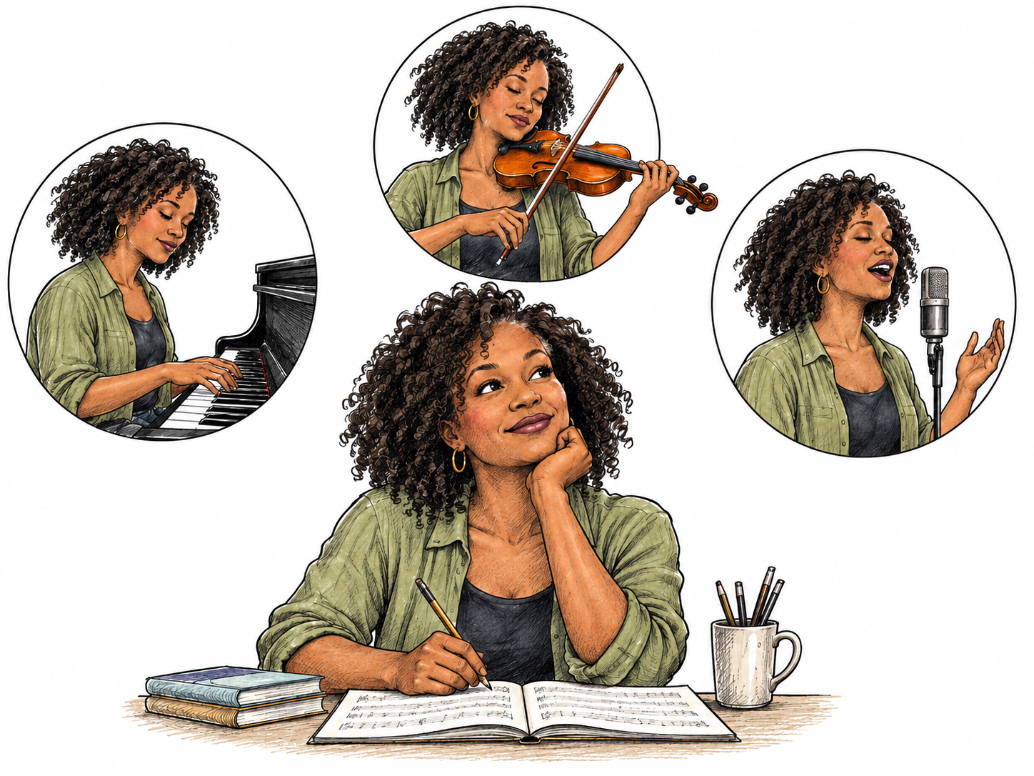 One musician is surrounded by three small pictorial performance choices showing piano, violin and singing, conveying their available range of skills; same person in each inset.