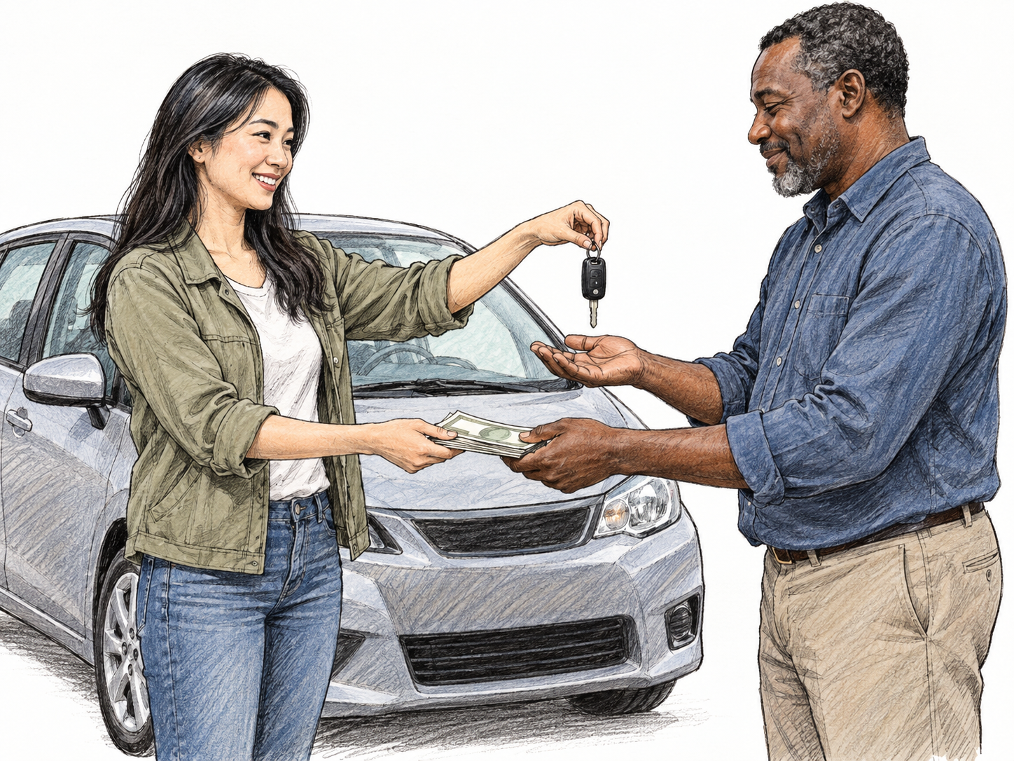 A woman disposes of her car by selling it: she hands its keys to a buyer while accepting his payment, with the car immediately beside them.