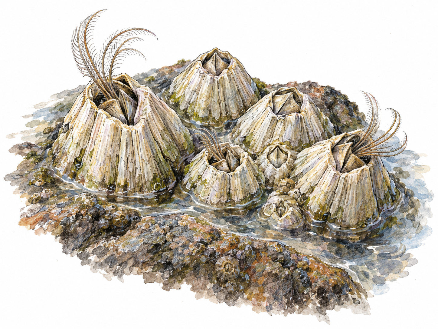 Close-up of acorn barnacles firmly attached to a wet intertidal rock, showing their ridged calcareous wall plates, diamond-shaped openings, and delicate feeding cirri extending from a few submerged individuals.