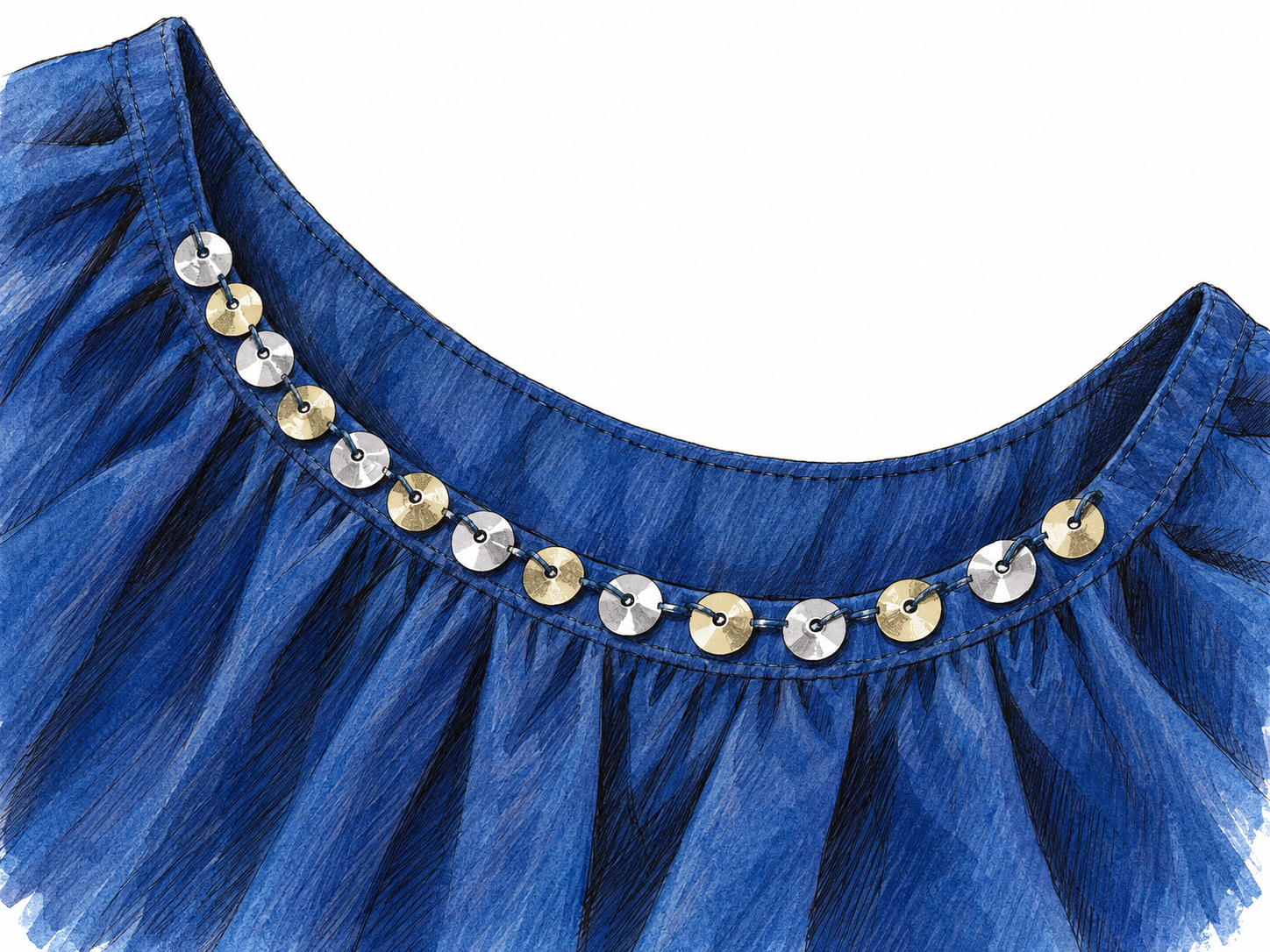 Close-up of a dress neckline decorated with small shiny, flat sequins, with visible thread passing through their central holes to fasten them to the fabric.