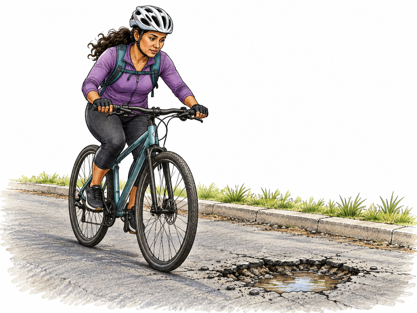 An adult Latina cyclist sees a pothole in her path and slows while looking directly at it.