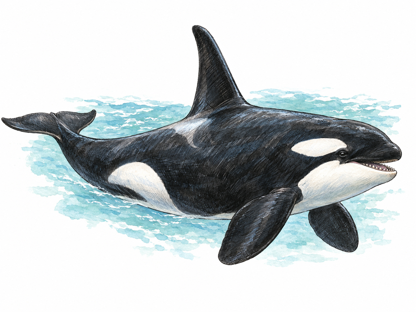 A single adult orca swimming in a sparse cutaway of seawater, its unmistakable black-and-white body fully visible and its slightly open mouth revealing conical teeth.