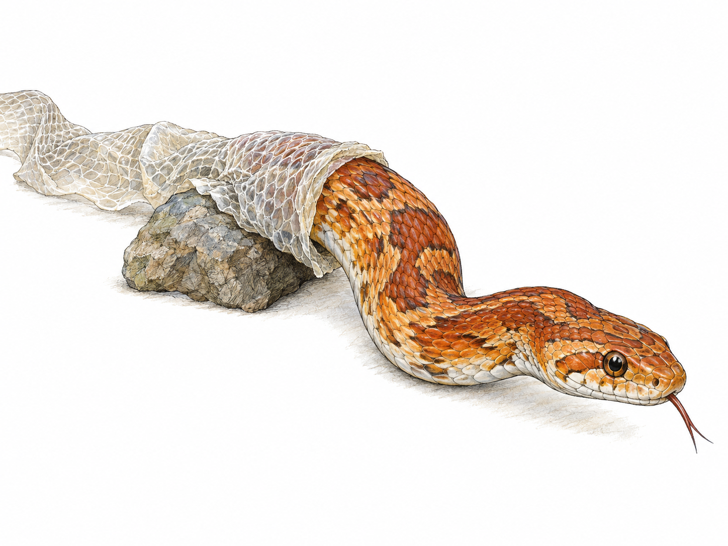 A snake actively shedding its old skin: its fresh head and front body emerge while a pale, translucent skin sleeve peels backward and remains around the rear body.