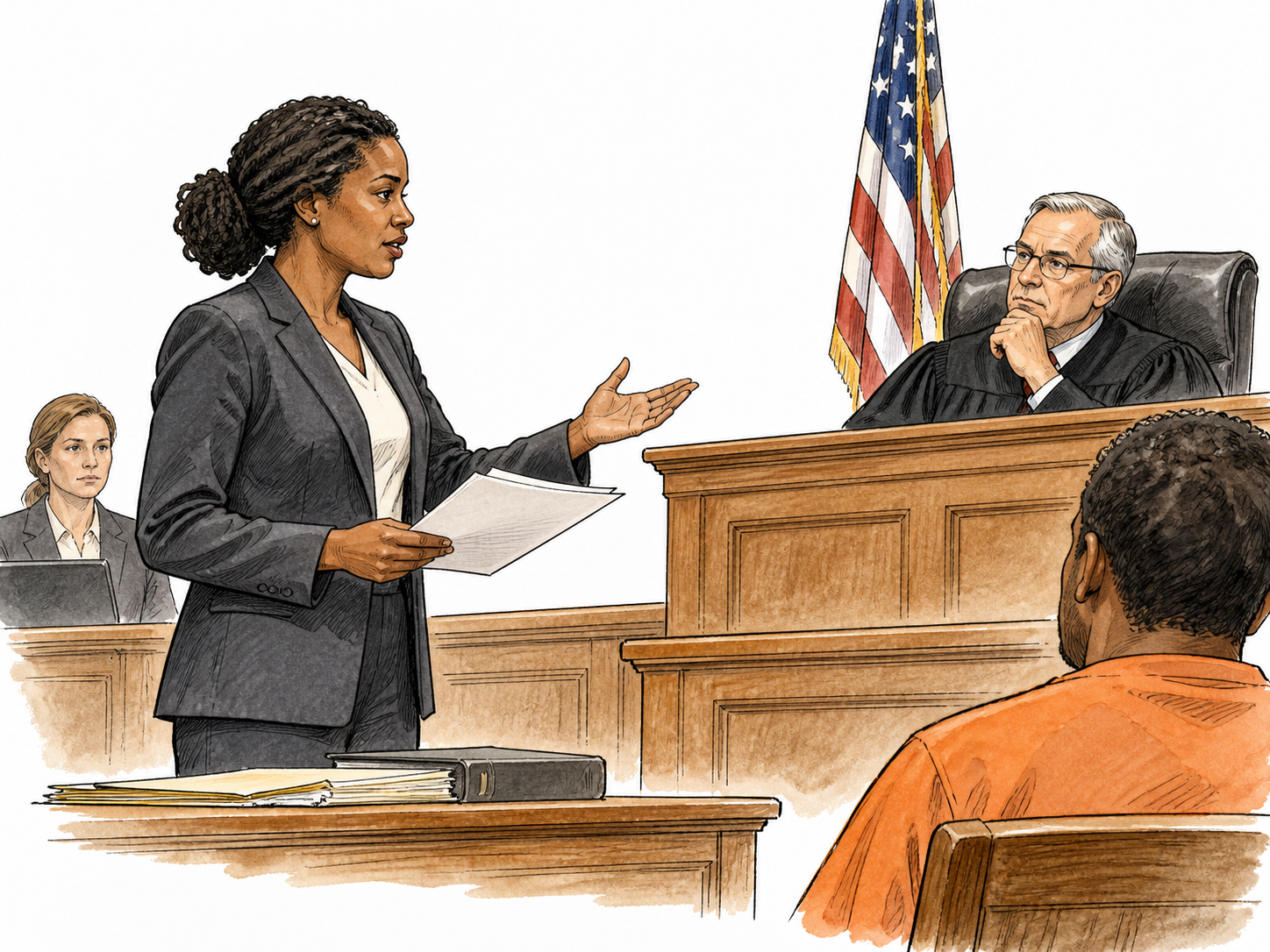A Black woman prosecutor presents a case before a judge in a courtroom.