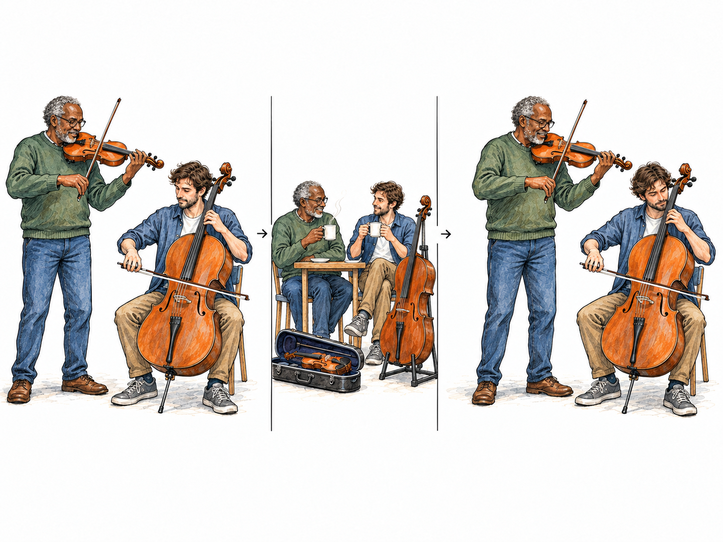 A three-part visual sequence shows two musicians rehearsing, sharing a short tea break, and rehearsing again.