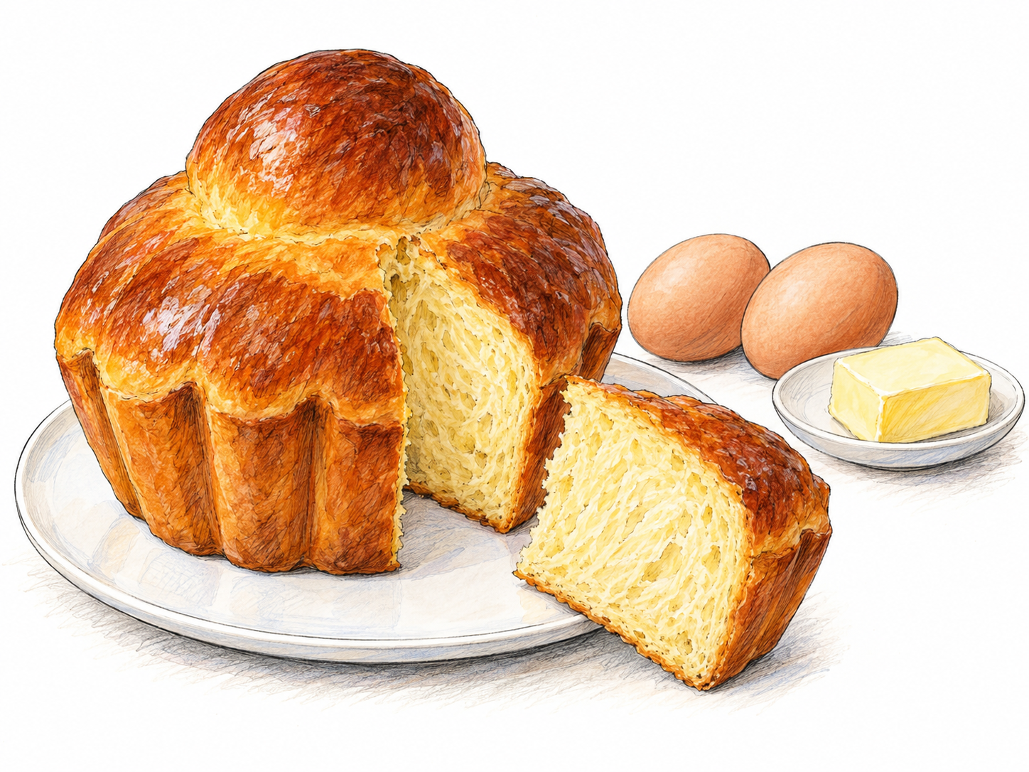 A glossy, golden-brown brioche à tête with a wedge removed, revealing its tender yellow crumb; the cut wedge rests beside it, with eggs and a small slab of butter nearby as ingredient cues.