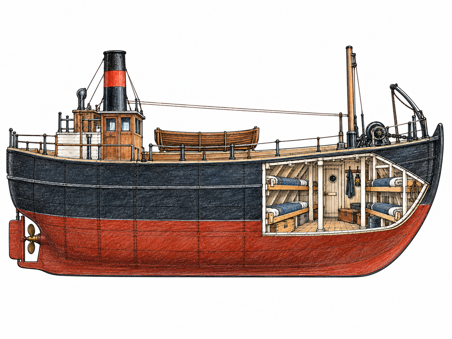 A historical Scottish steam puffer is shown in side cutaway at its BOW, revealing compact crew bunks in the triangular forecastle forward section; geometry informed by Scottish Maritime Museum Skylight blueprint, simple complete hull silhouette for orientation, no people, labels or background port.
