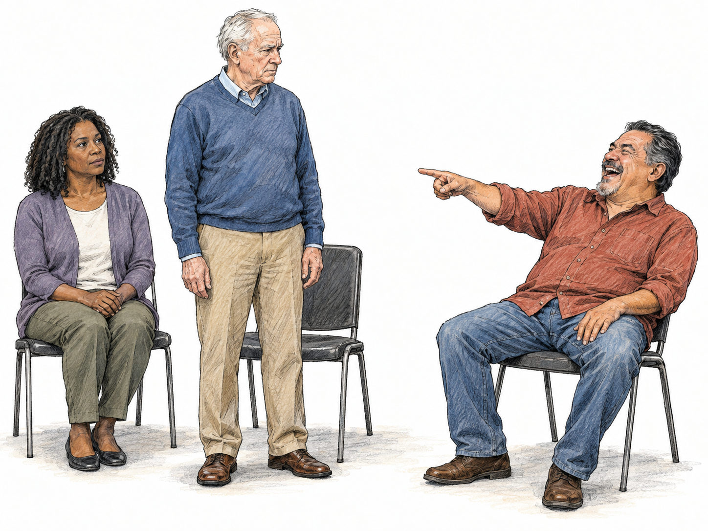 Dignity shown as composed self-respect under public disrespect: an older man remains upright, serious and unflustered while another man mocks him; a nearby woman maintains respectful attention toward the composed man rather than joining the mockery.