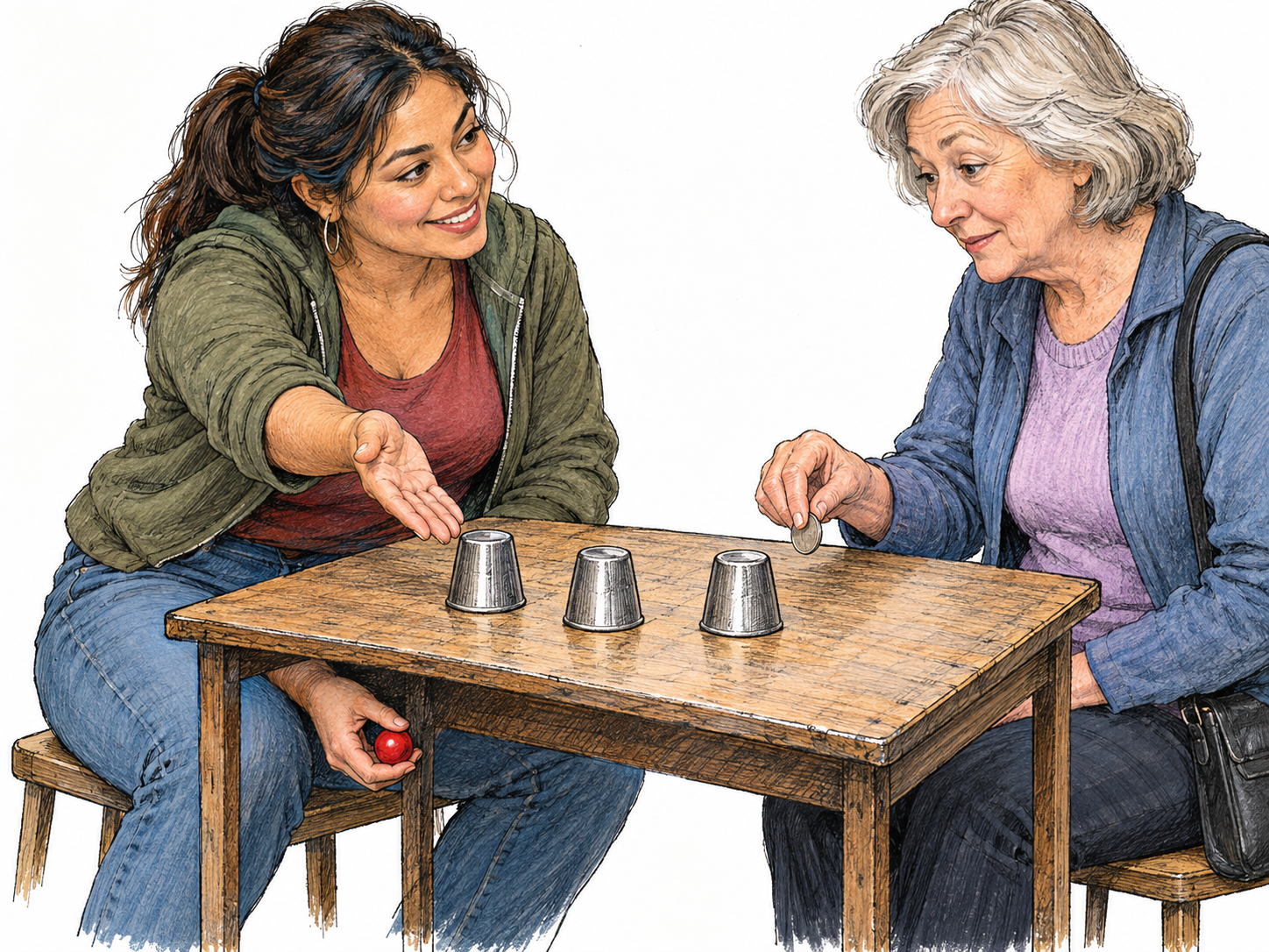 A smiling street shell-game operator beckons a hesitant customer to place a coin beside three cups, while secretly holding the game's ball below the table.