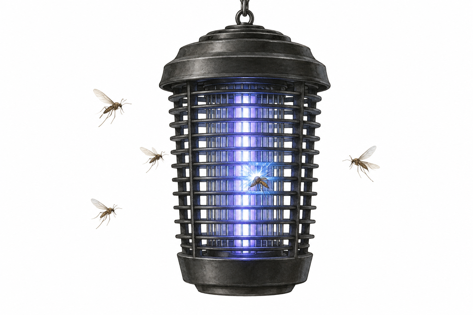 An enclosed electric insect zapper attracts a few small insects to its blue-lit grid.