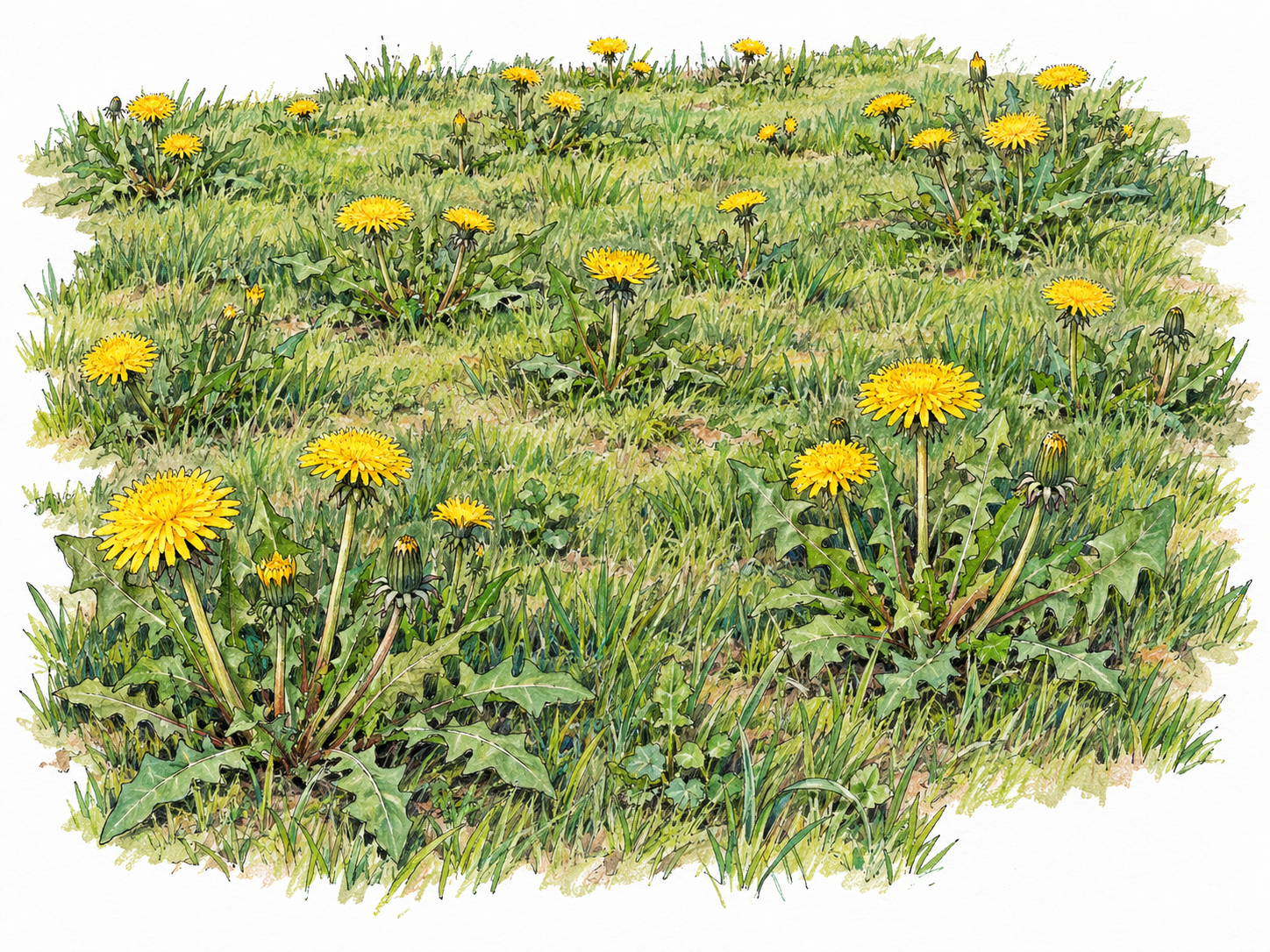 Yellow dandelions are widespread throughout a small lawn, appearing across the foreground, middle distance, and far edge rather than in one isolated clump.