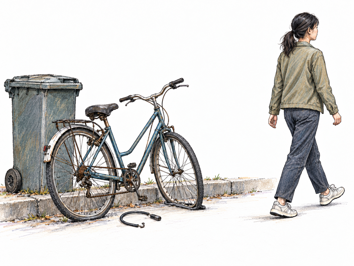 A young adult woman walks away from a neglected bicycle she has left at a rubbish collection point, its detached lock dropped beside it.