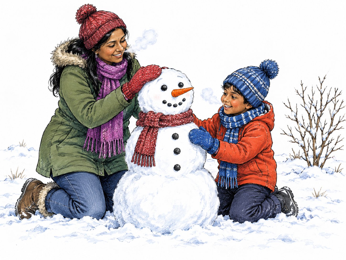 The pair build a simple snowman beside one bare shrub; mittens, scarves, snow and visible breath clearly convey the cold season; sparse white ground.