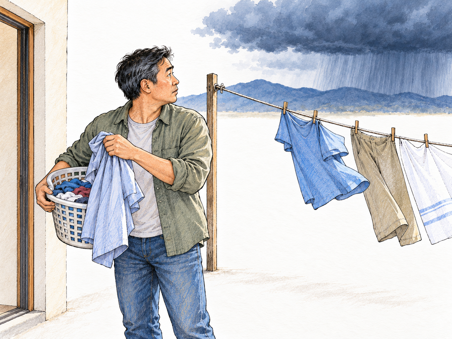 A man anticipates an approaching rainstorm: while his patio and hanging laundry are still dry, he watches a dark rain front approaching from the distance and hurriedly gathers the laundry into a basket.