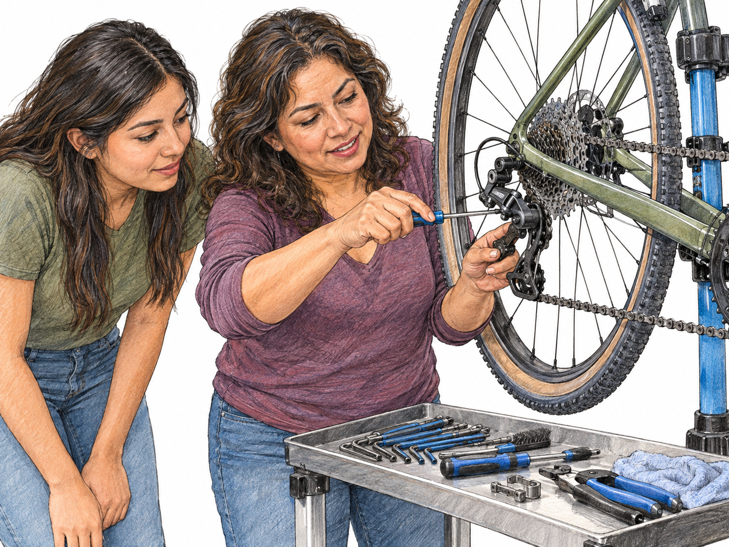 A bicycle maven confidently demonstrates fine adjustment of a bicycle's rear derailleur to an attentive newcomer, with a neatly organized set of specialist tools.