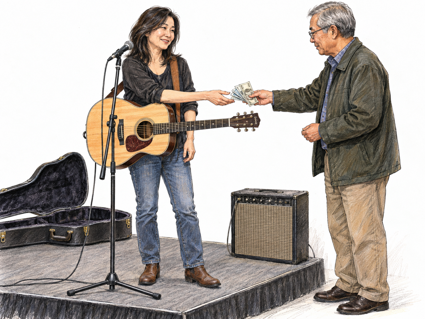 A guitarist at a small venue receives cash payment from the venue manager beside her microphone and open guitar case, making a paid performance visible.