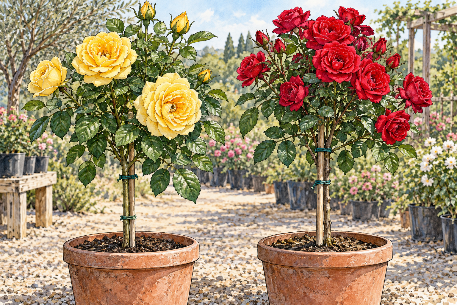 Two cultivated rose varieties side by side in pots, one yellow double bloom and one red clustered bloom, matching grafting supports and nursery setting, no labels.